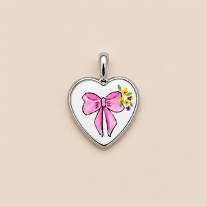 Ciondolo resina cuore fiocco rosa fiori argento